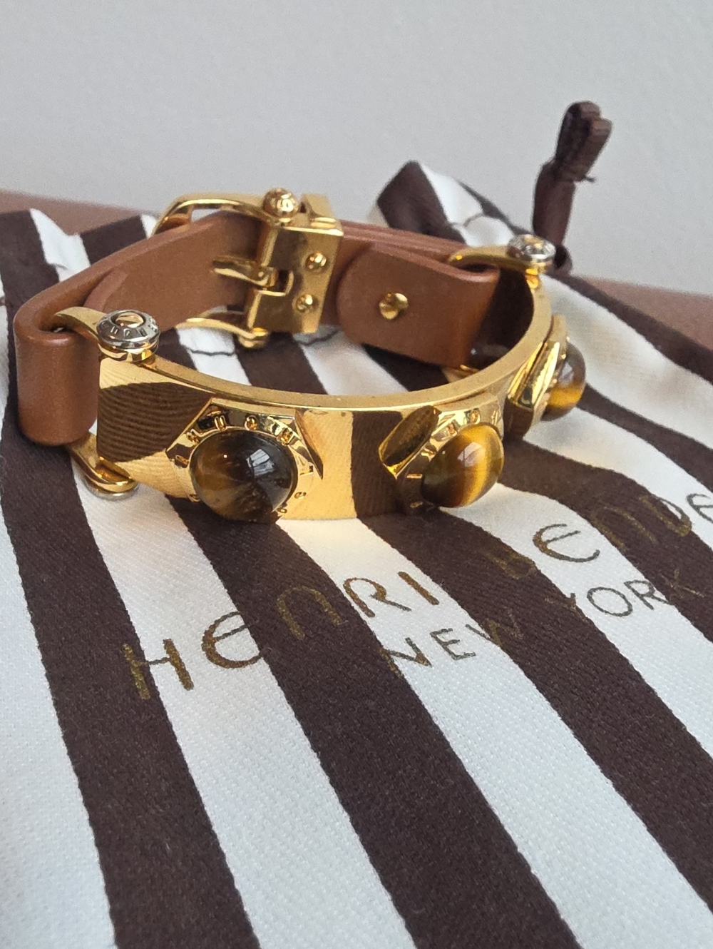 HENRI BENDEL Brown Leather Rivets And Tigers Eye Buckled Bracelet With Dust Bag